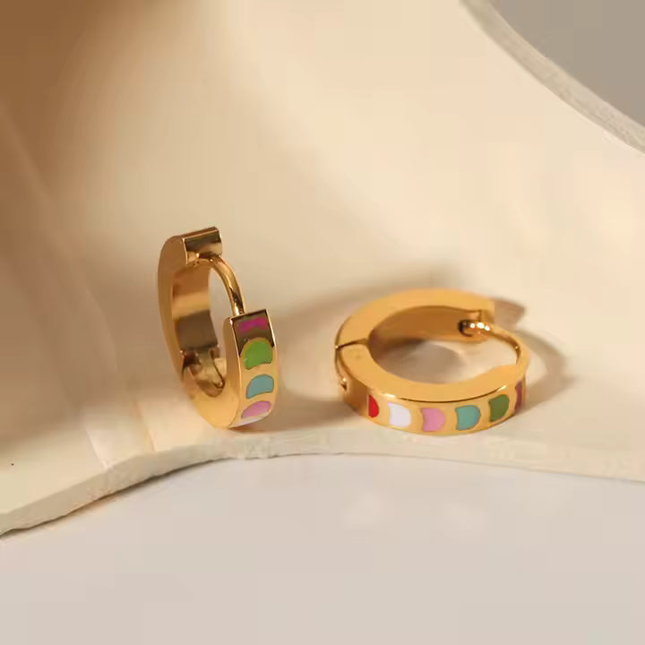 Rainbow Enamel Gold Chunky Huggie Hoops