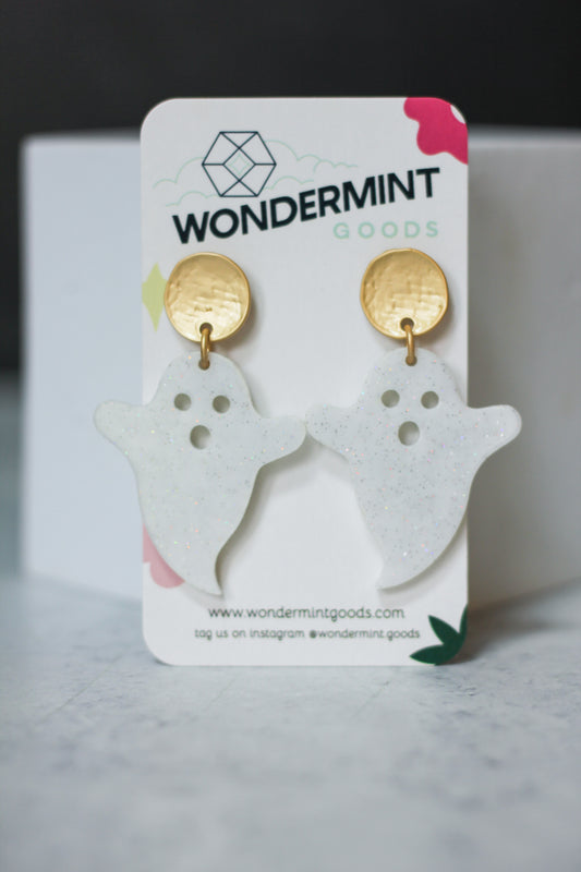 White Glitter Ghost Acrylic Earrings